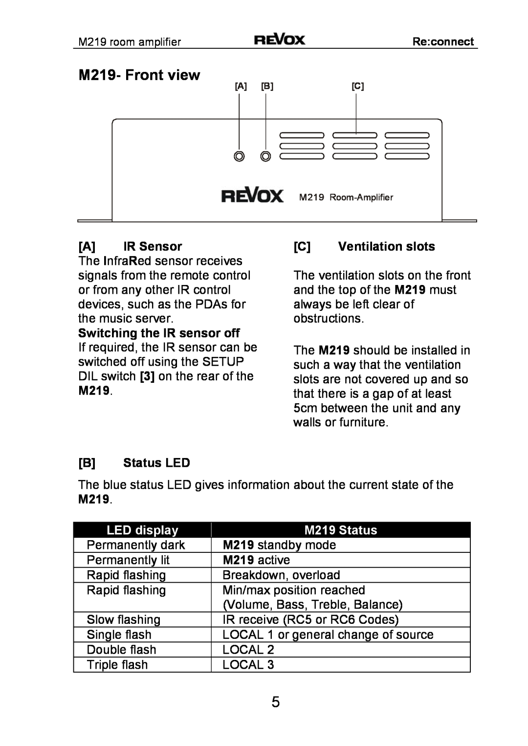Revox M 219 manual M219- Front view, AIR Sensor, Switching the IR sensor off, BStatus LED, CVentilation slots 