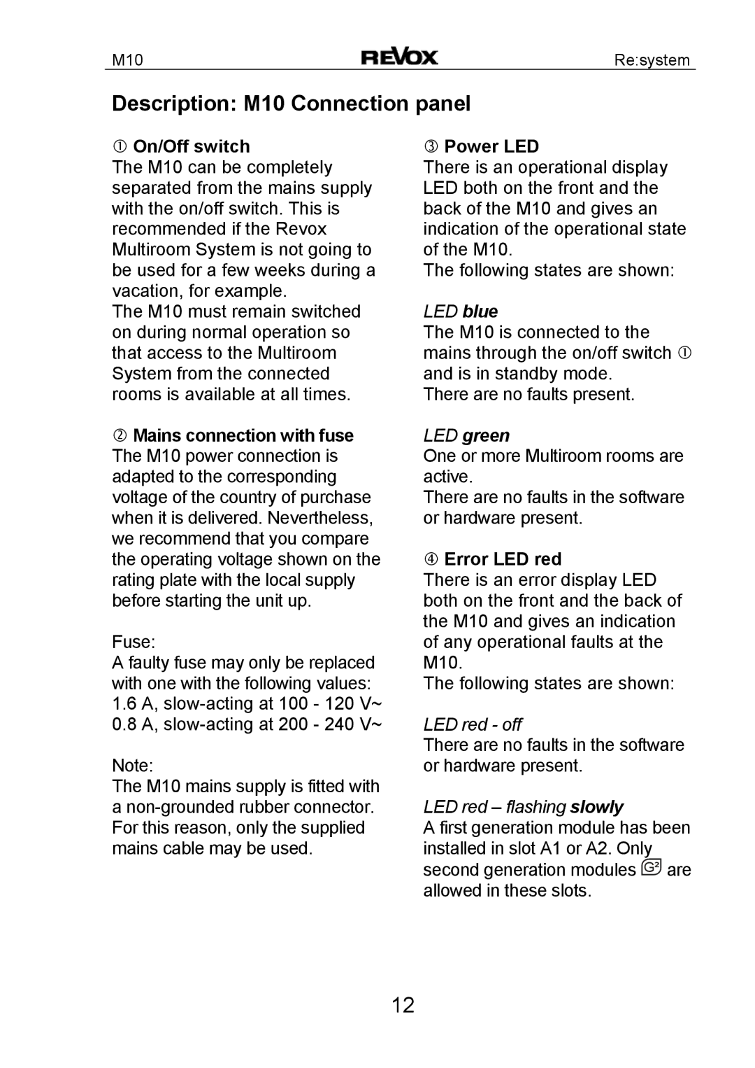 Revox manual Description M10 Connection panel, On/Off switch, Power LED, Error LED red 
