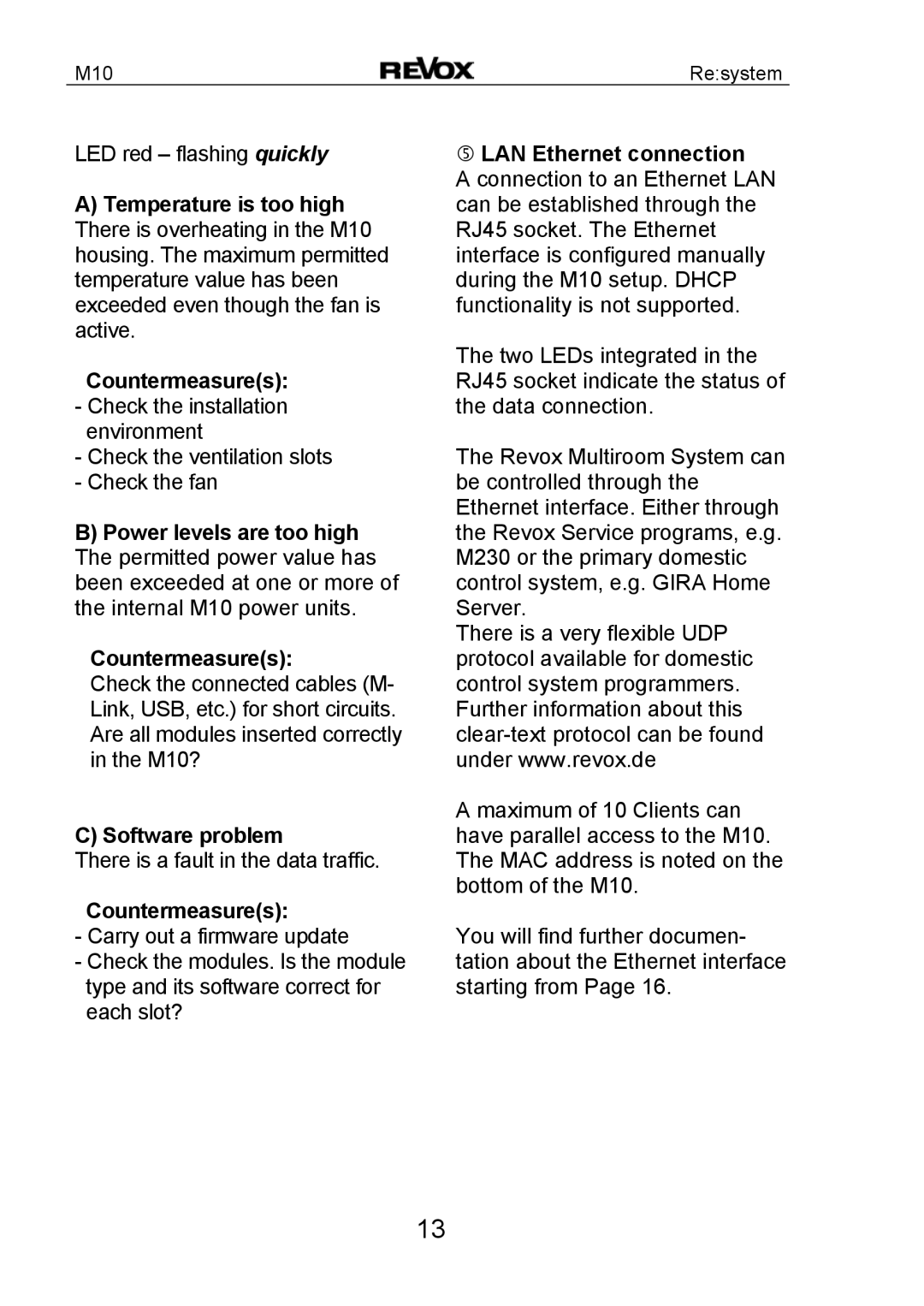 Revox M10 manual Temperature is too high, Countermeasures, Software problem 