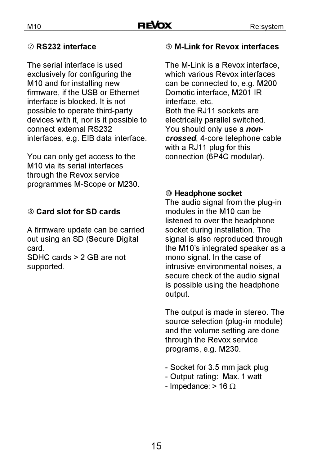 Revox M10 manual RS232 interface, Card slot for SD cards, Link for Revox interfaces, Headphone socket 