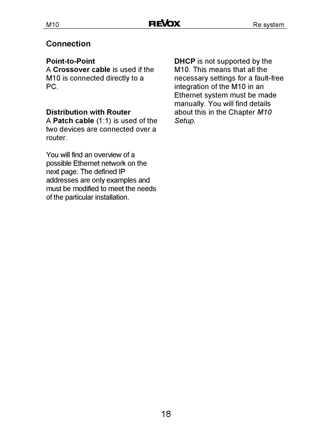 Revox M10 manual Connection, Point-to-Point, Distribution with Router 