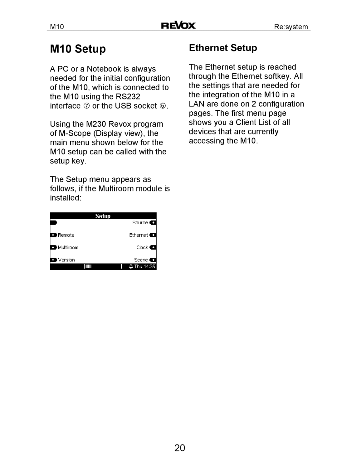 Revox manual M10 Setup, Ethernet Setup 