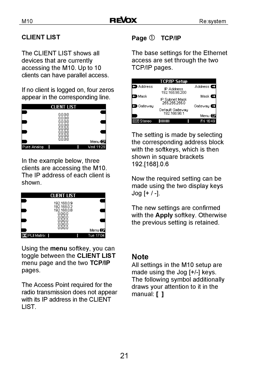 Revox M10 manual Client List, Tcp/Ip 