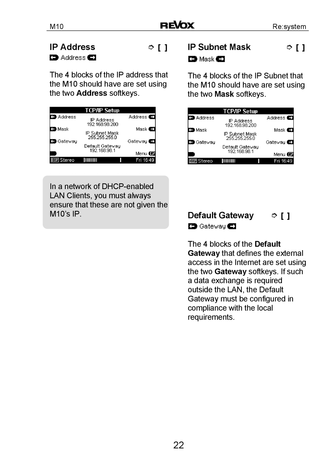 Revox M10 manual IP Address, IP Subnet Mask, Default Gateway 