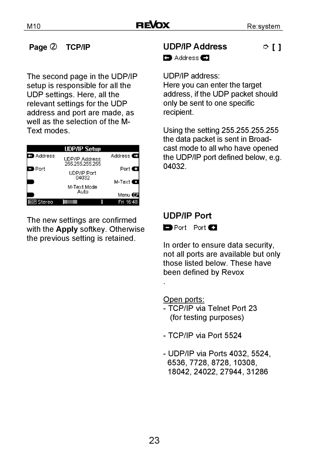 Revox M10 manual UDP/IP Address, UDP/IP Port 