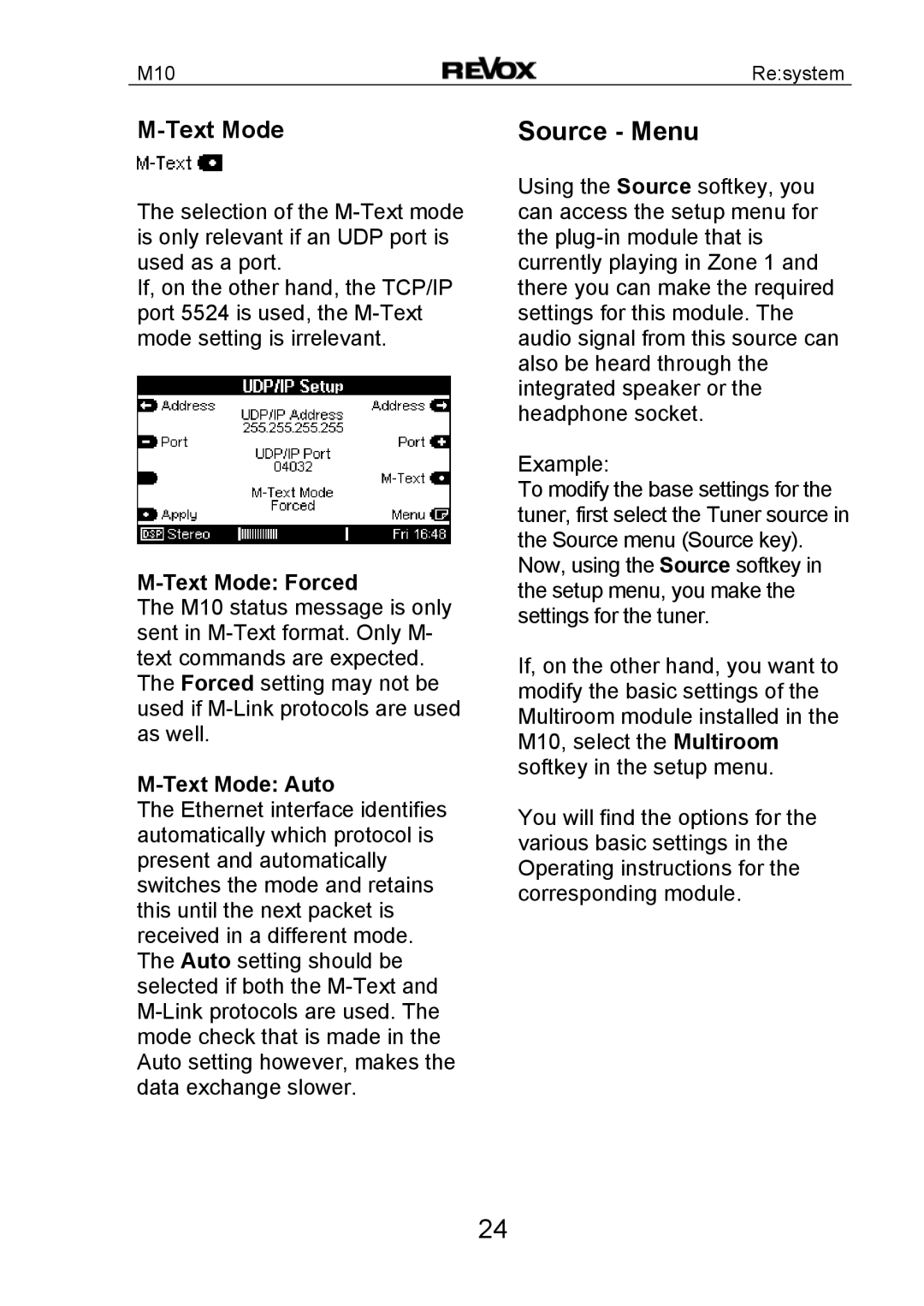 Revox M10 manual Source Menu, Text Mode Forced, Text Mode Auto 