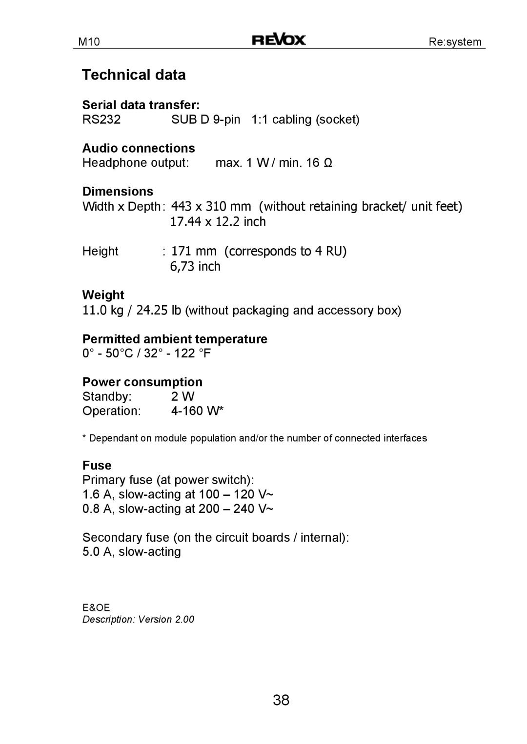 Revox M10 manual Technical data 