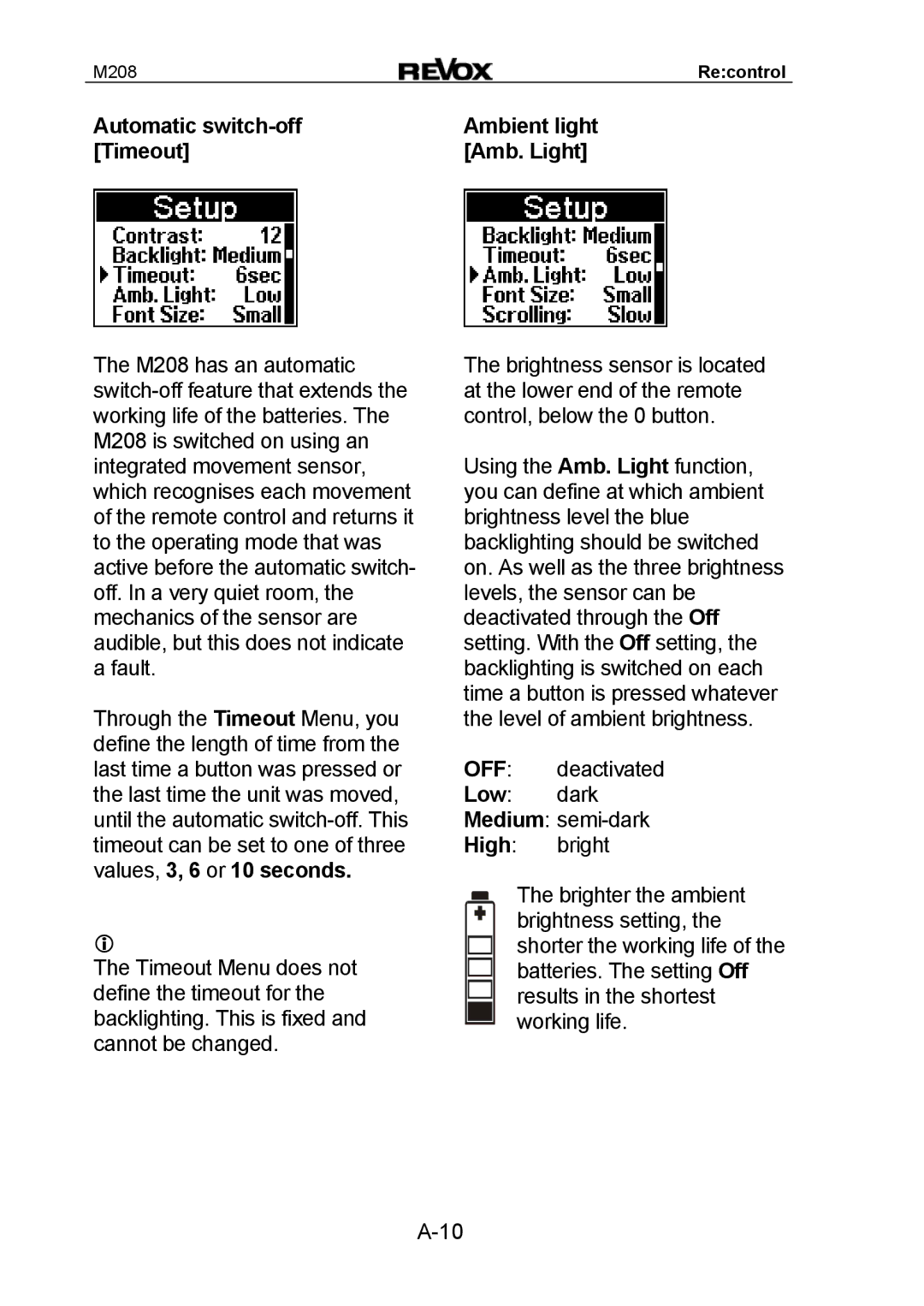 Revox M208 manual Automatic switch-off Ambient light Timeout Amb. Light 
