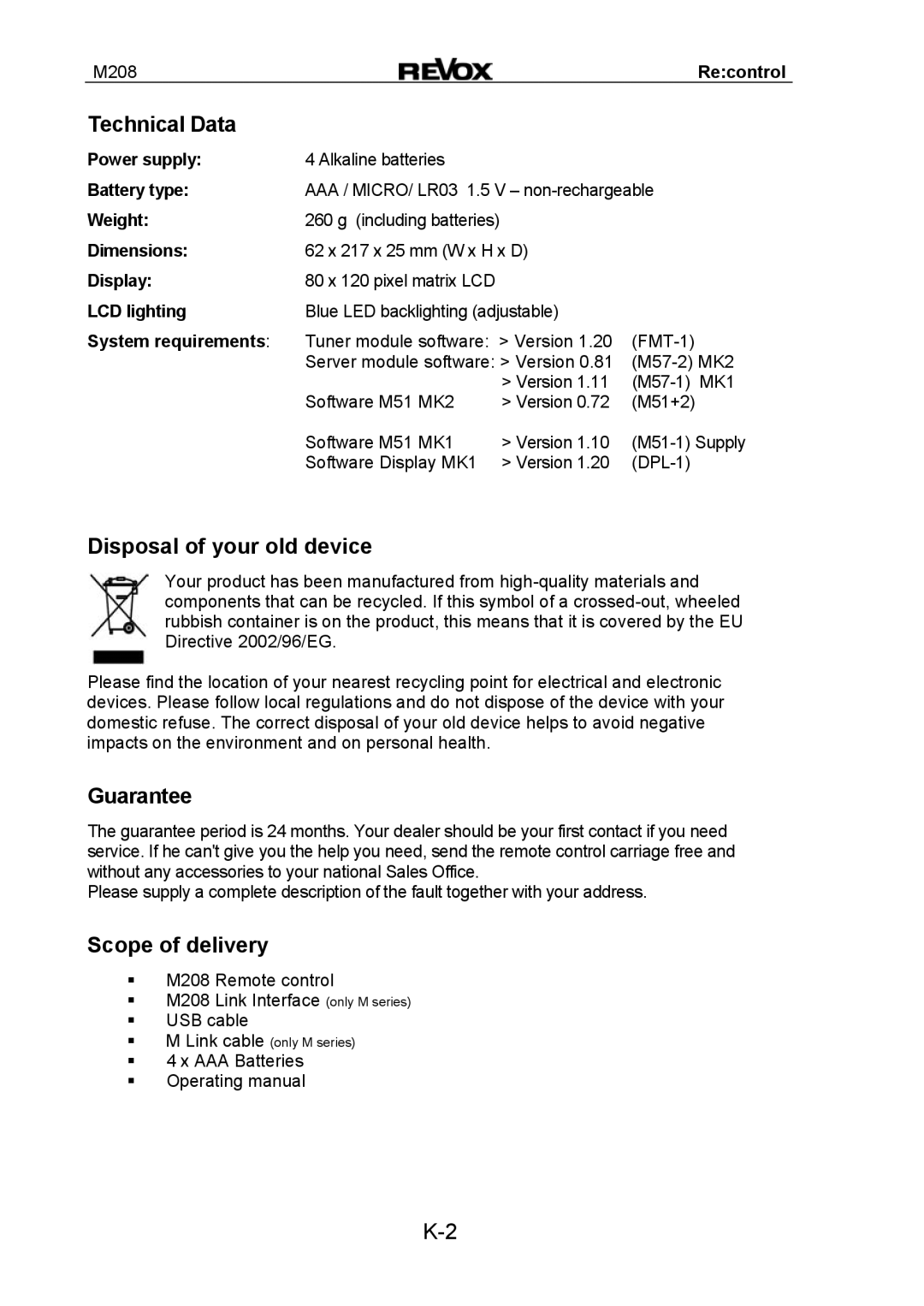 Revox M208 manual Technical Data, Disposal of your old device, Guarantee, Scope of delivery 