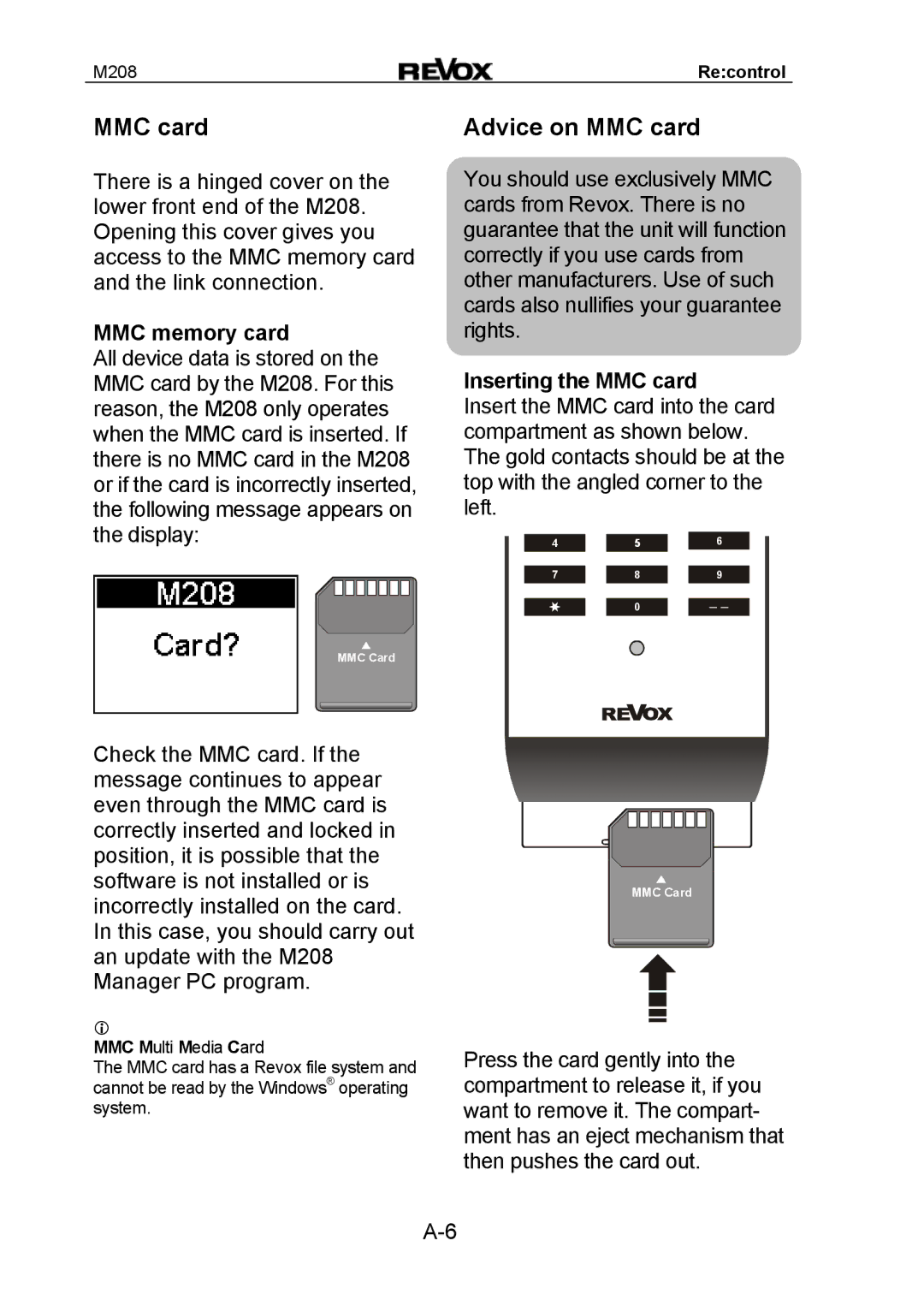 Revox M208 manual Advice on MMC card, MMC memory card, Inserting the MMC card 