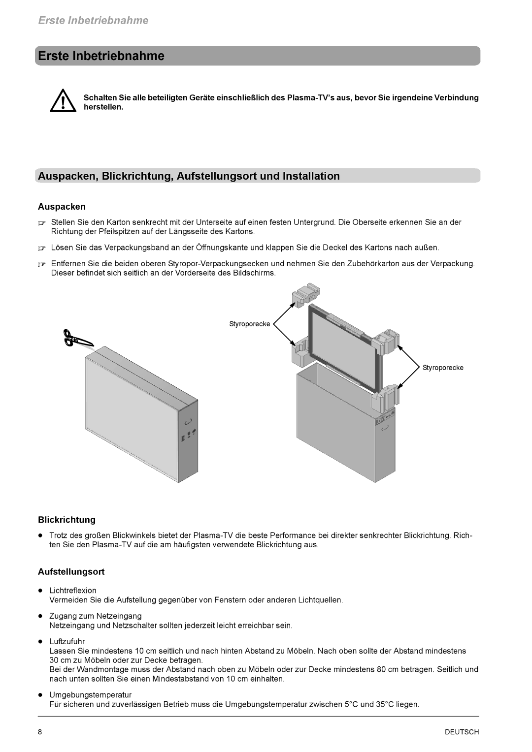 Revox M642 HD manual Erste Inbetriebnahme, Auspacken, Blickrichtung, Aufstellungsort und Installation 