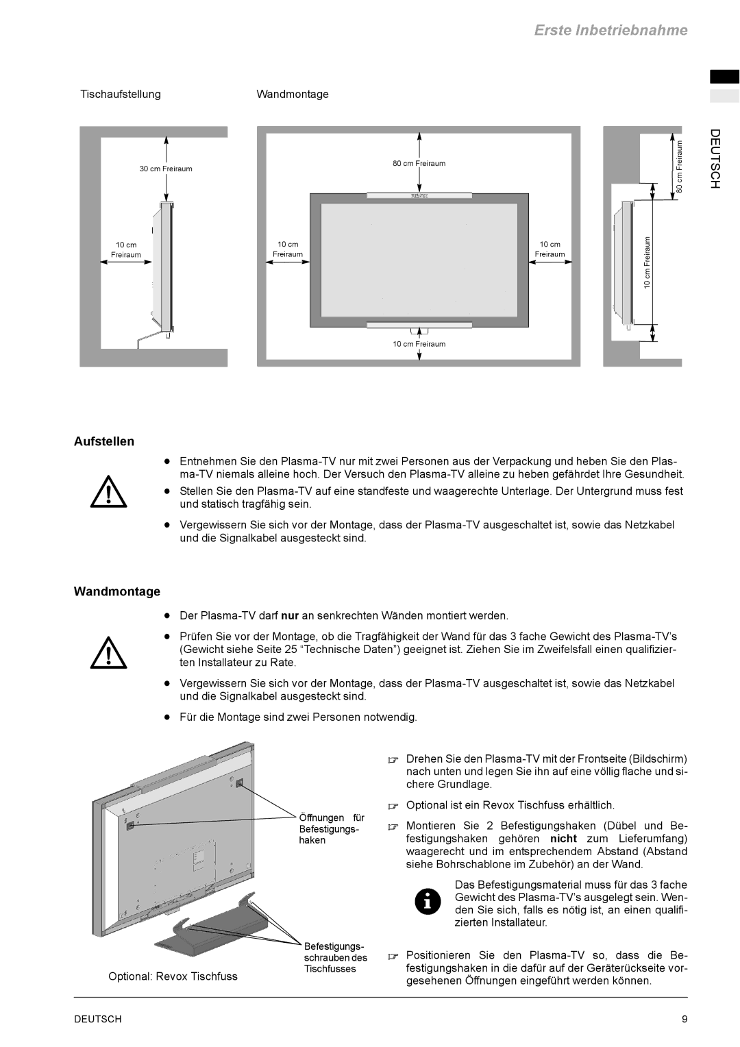 Revox M642 HD manual Aufstellen, TischaufstellungWandmontage 