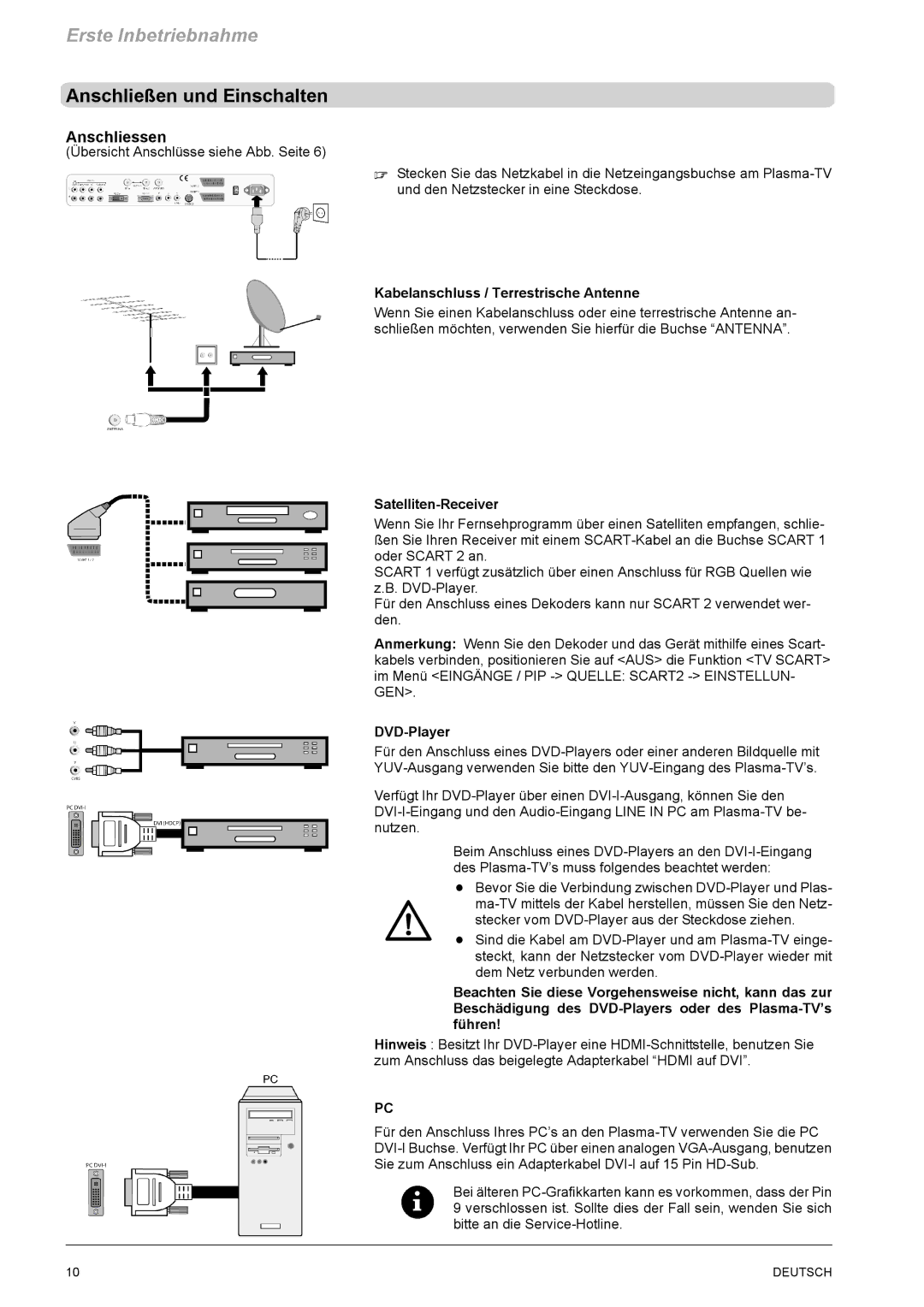 Revox M642 HD manual Anschließen und Einschalten, Anschliessen, Kabelanschluss / Terrestrische Antenne, Satelliten-Receiver 