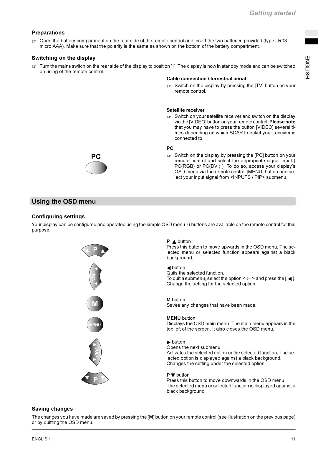 Revox M642 HD manual Using the OSD menu, Preparations, Switching on the display, Configuring settings, Saving changes 