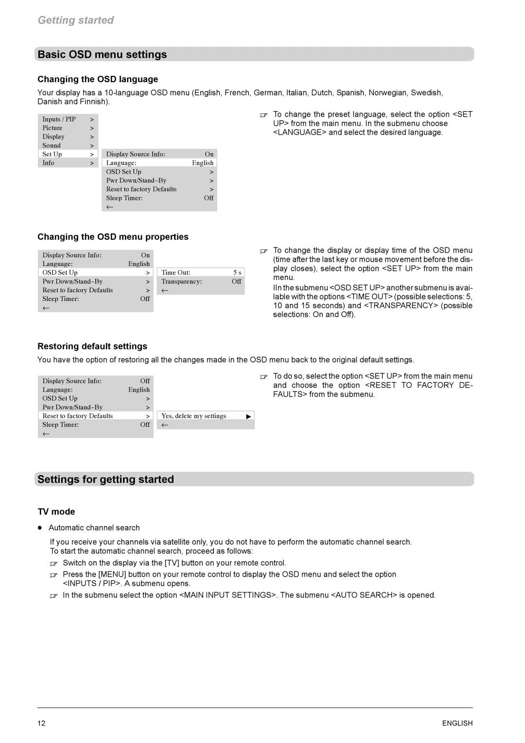 Revox M642 HD manual Basic OSD menu settings, Settings for getting started 