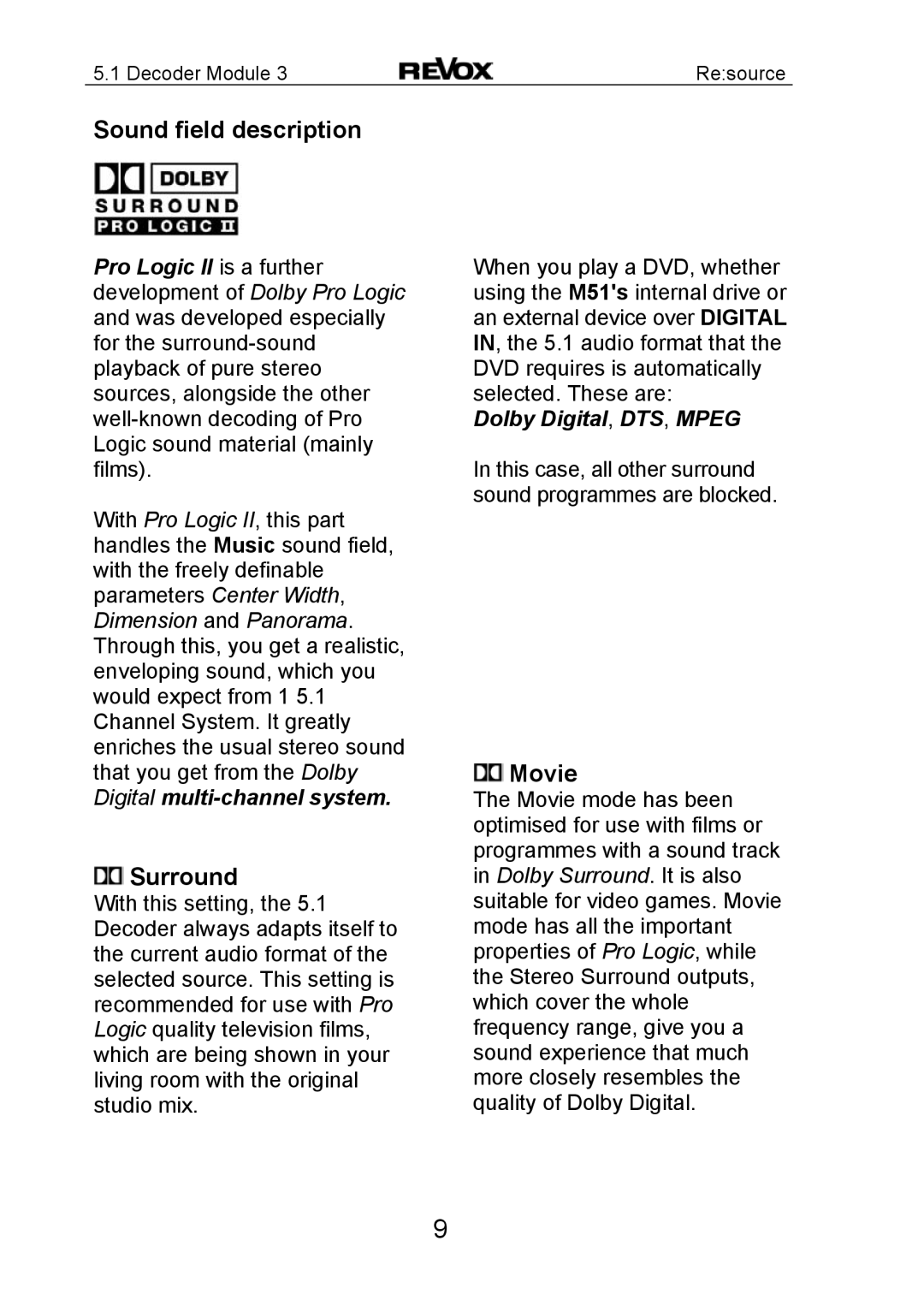 Revox MK3 manual Sound field description, Surround, Movie 