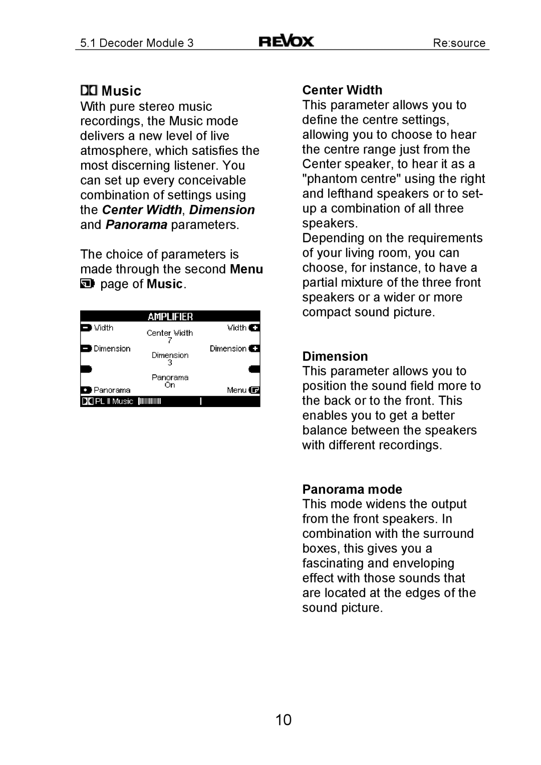 Revox MK3 manual Music, Center Width, Dimension, Panorama mode 