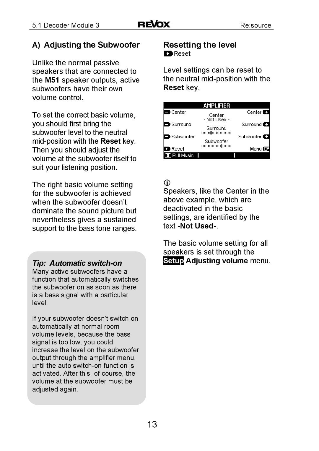 Revox MK3 manual Adjusting the Subwoofer Resetting the level, Tip Automatic switch-on 