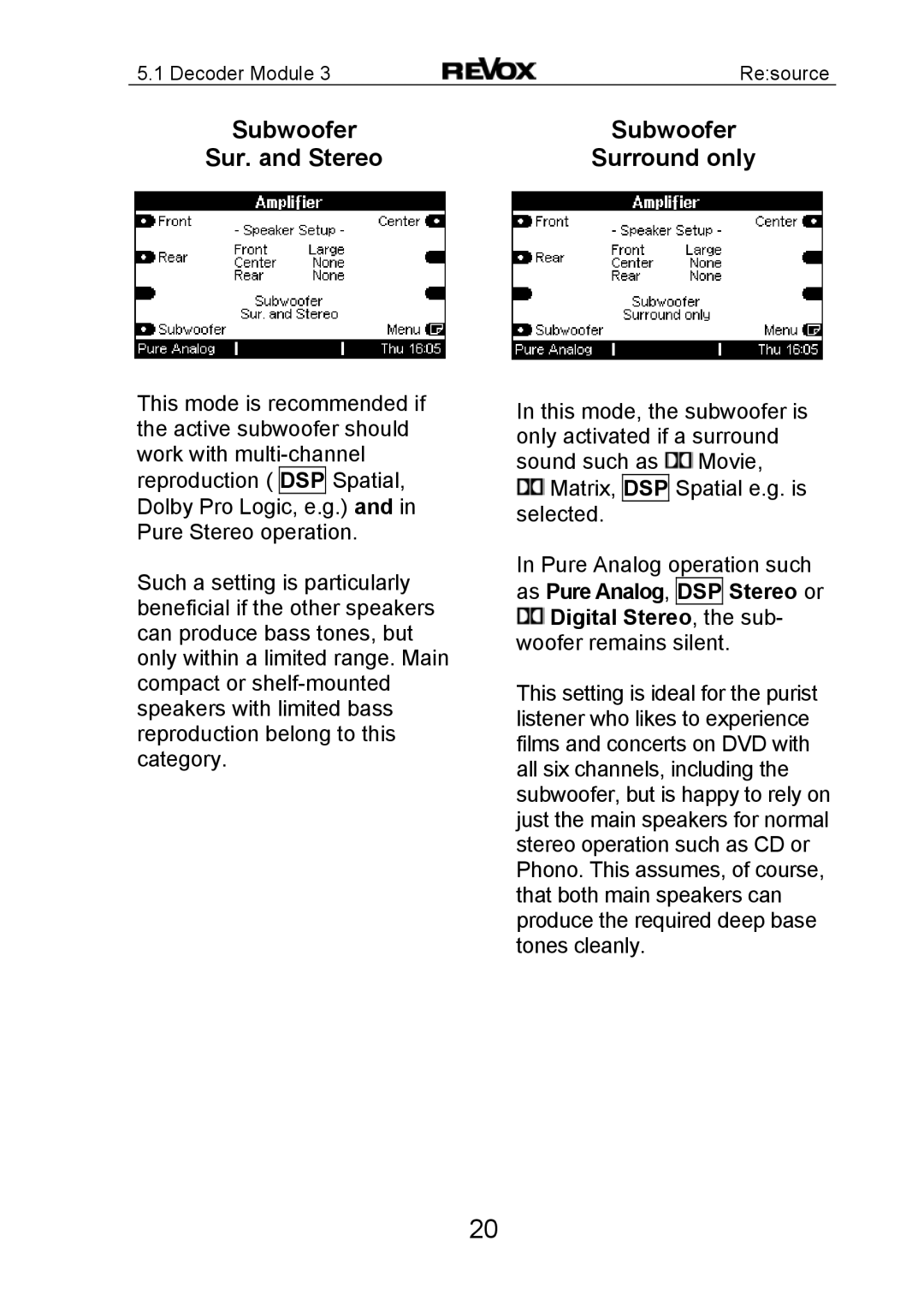 Revox MK3 manual Surround only, Digital Stereo, the sub- woofer remains silent 