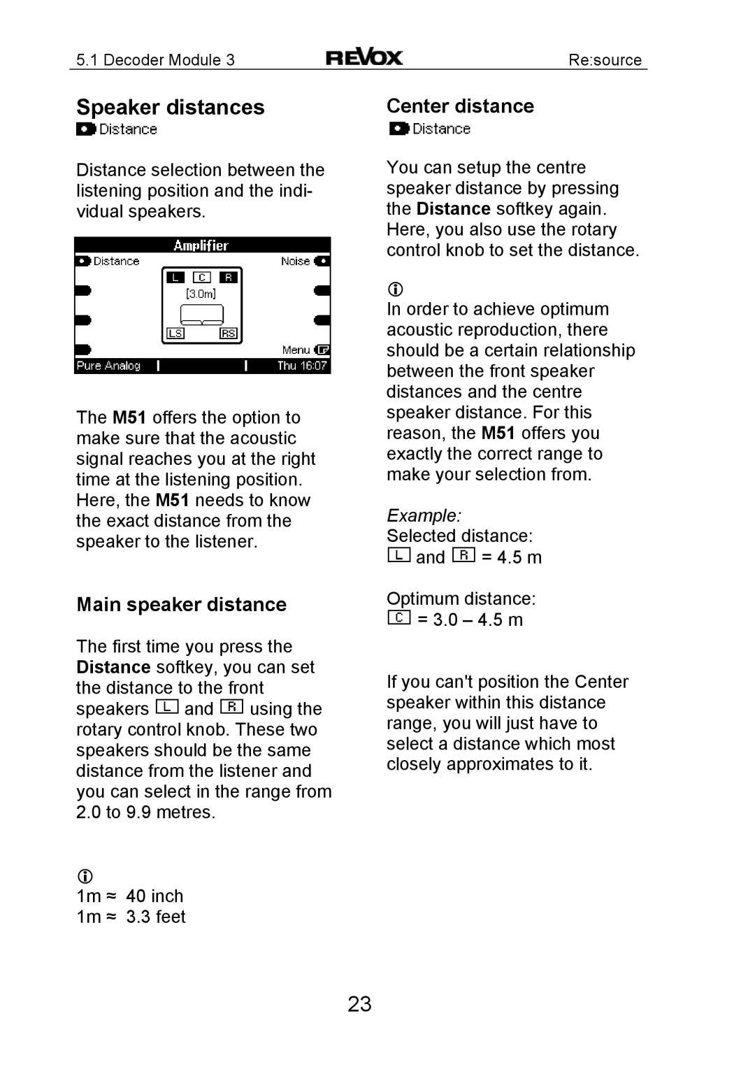 Revox MK3 manual Speaker distances, Center distance, Main speaker distance 