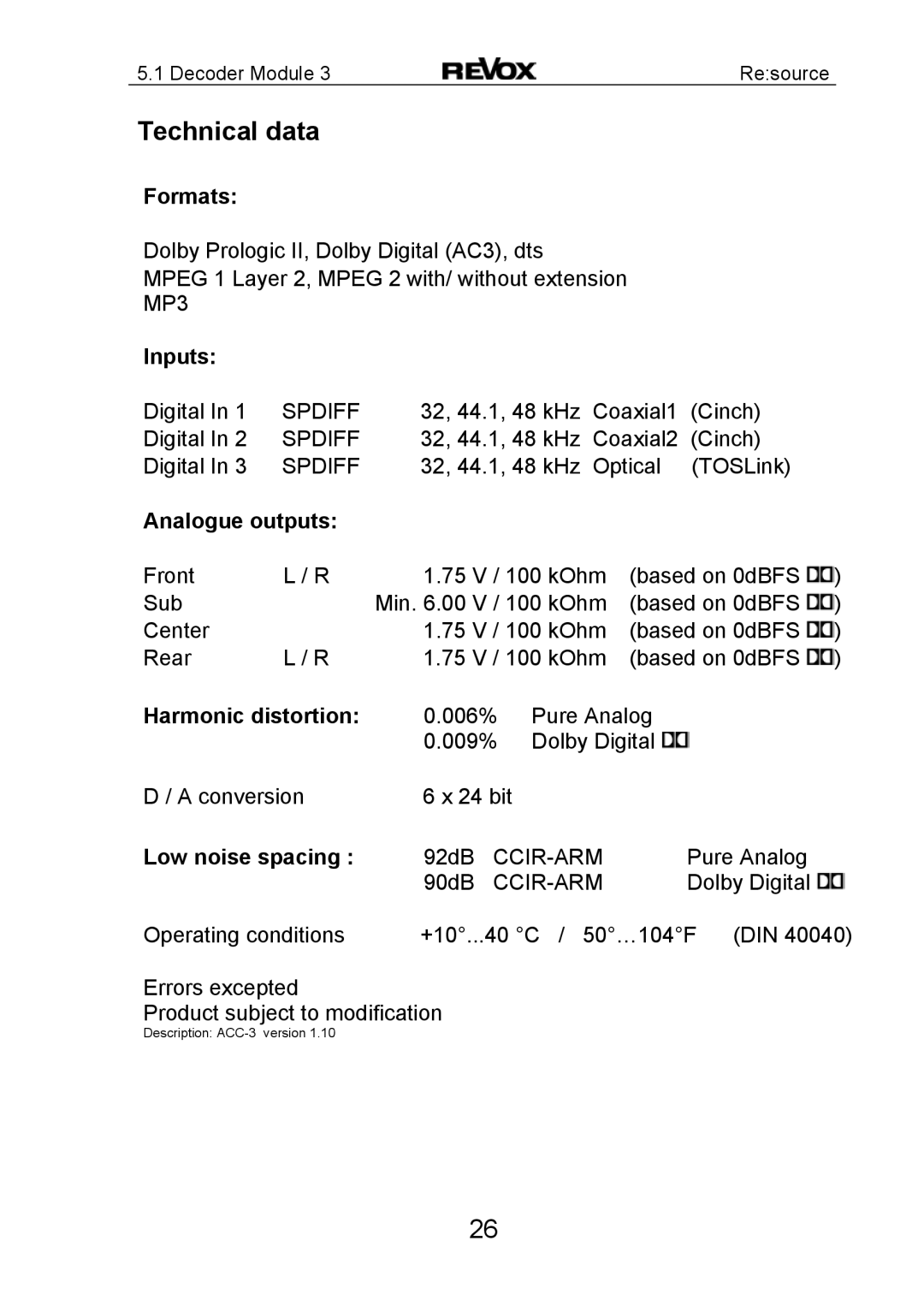 Revox MK3 manual Technical data 