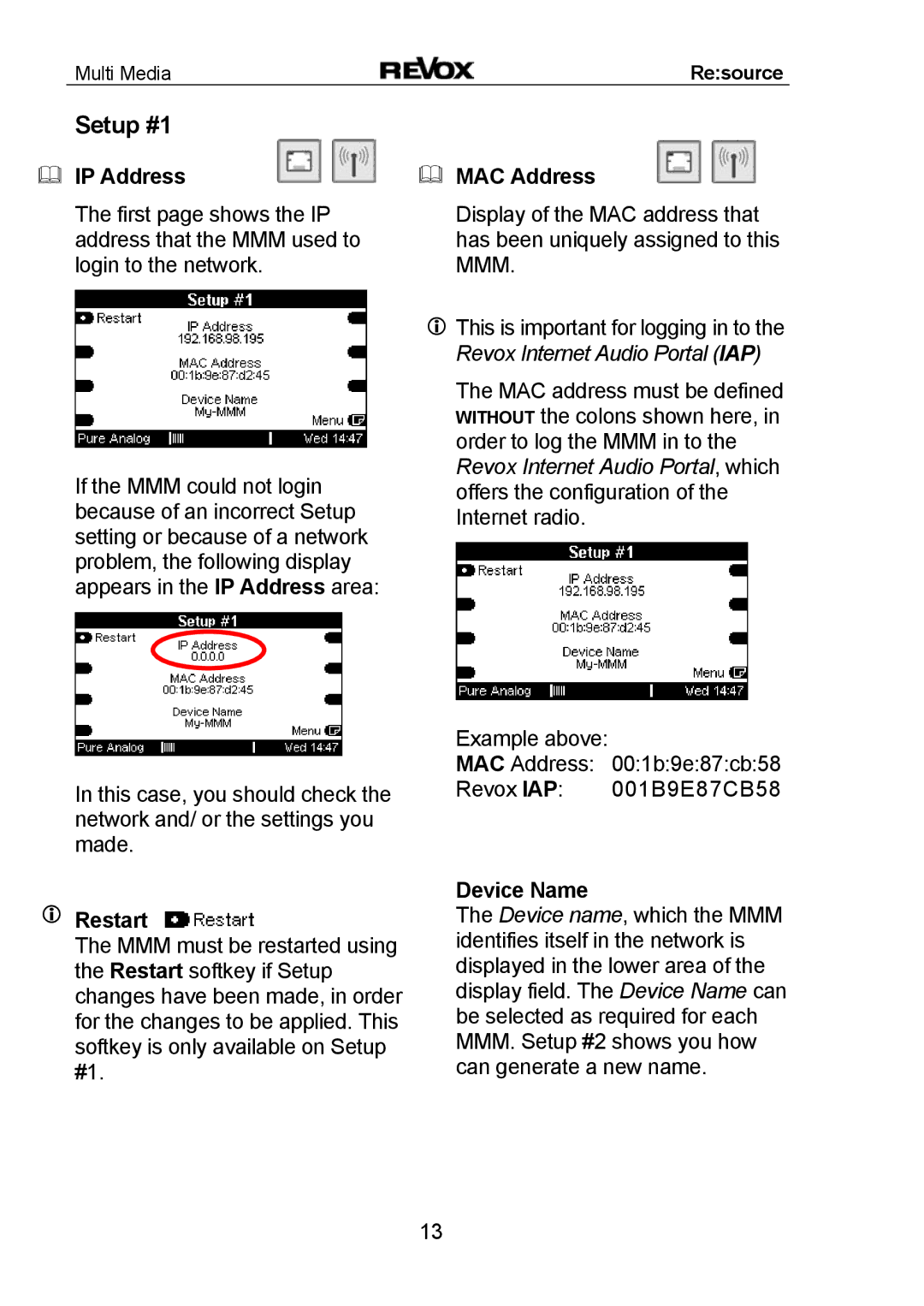 Revox MMM manual Setup #1, Restart, Device Name 