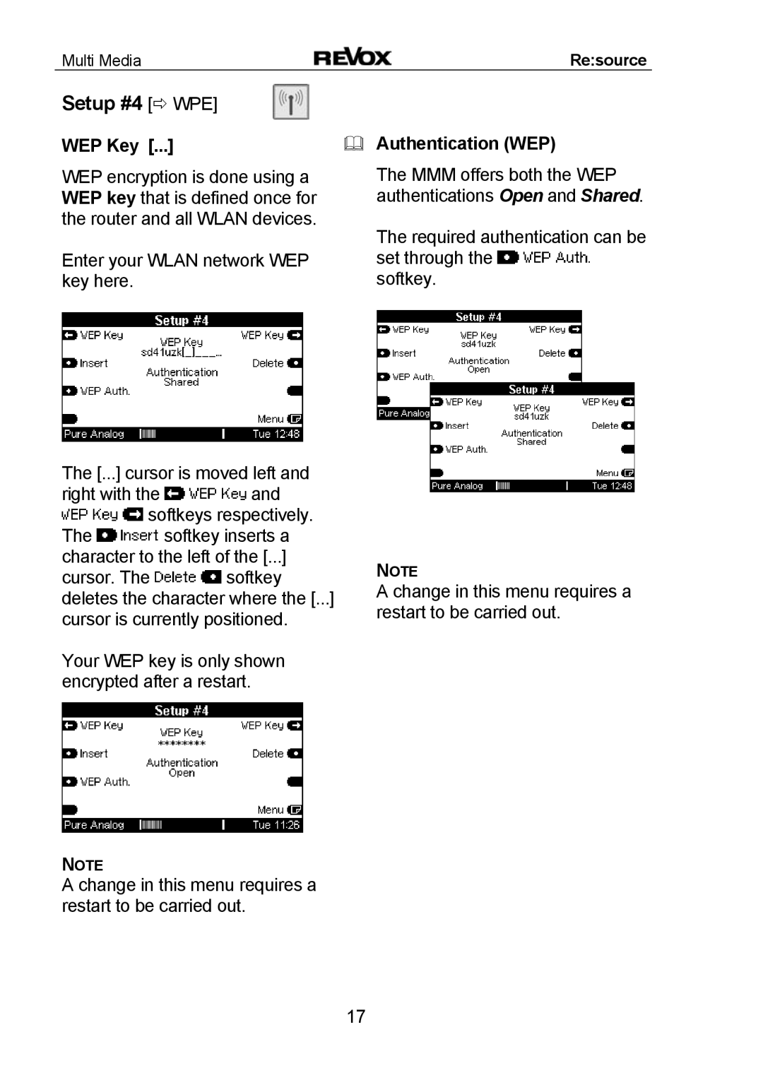Revox MMM manual Setup #4 WPE, WEP Key, Authentication WEP 