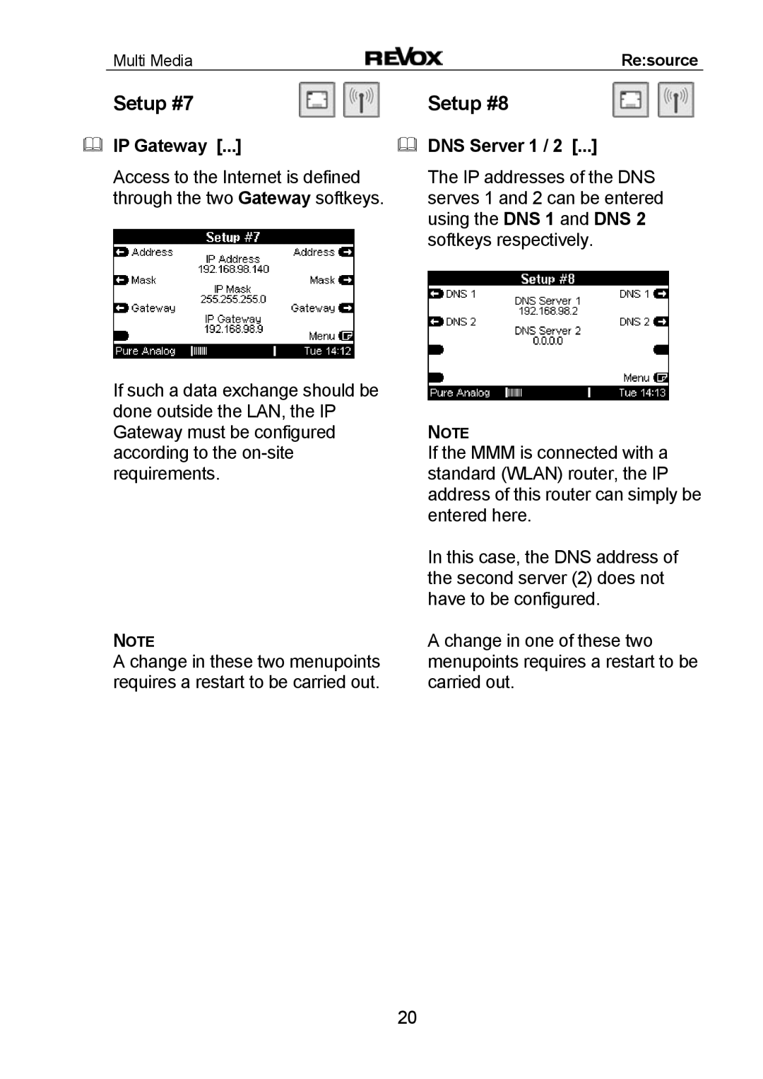 Revox MMM manual Setup #7, Setup #8, IP Gateway, DNS Server 1 