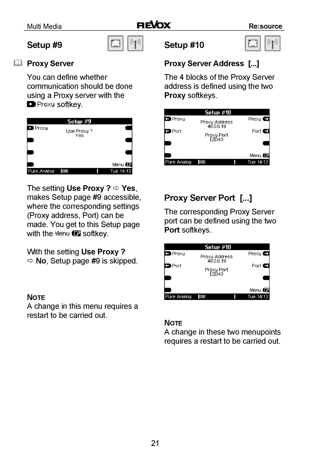 Revox MMM manual Setup #9 Setup #10, Proxy Server Port, Proxy Server Address 