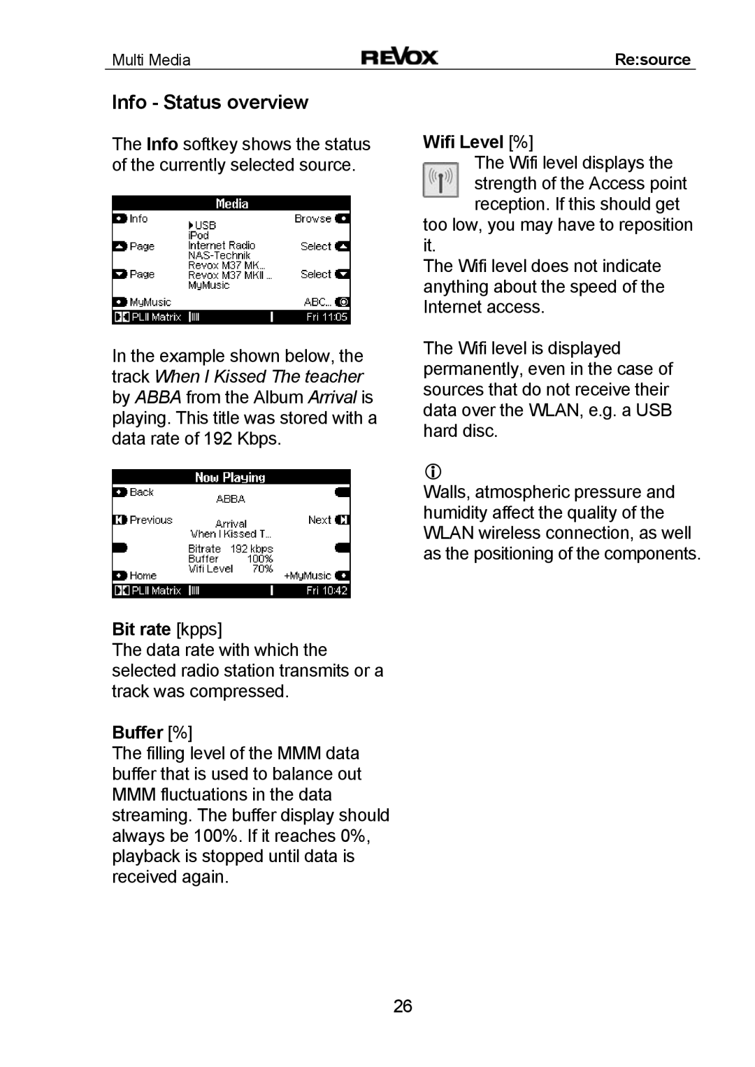 Revox MMM manual Info Status overview, Wifi Level %, Bit rate kpps, Buffer % 