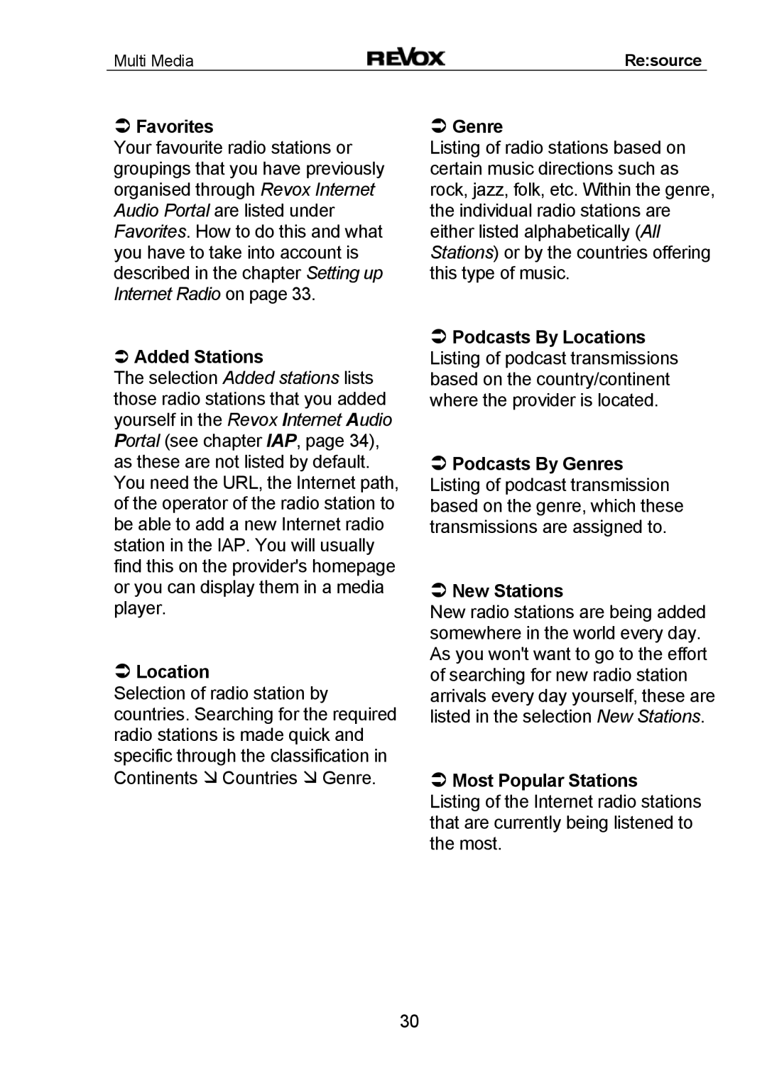 Revox MMM manual Favorites, Added Stations, Podcasts By Locations, Podcasts By Genres, New Stations 