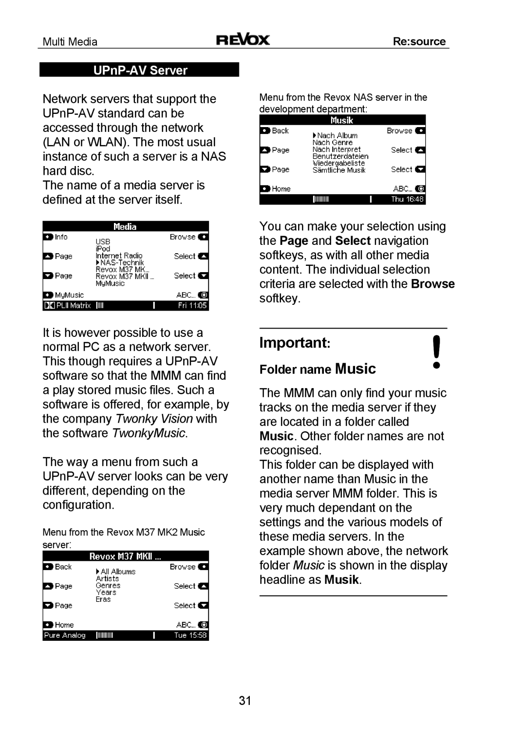 Revox MMM manual UPnP-AV Server, Important! Folder name Music 