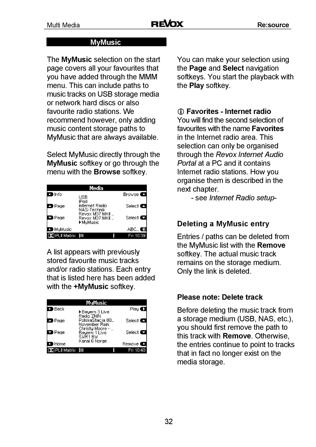 Revox MMM manual Deleting a MyMusic entry, Please note Delete track 