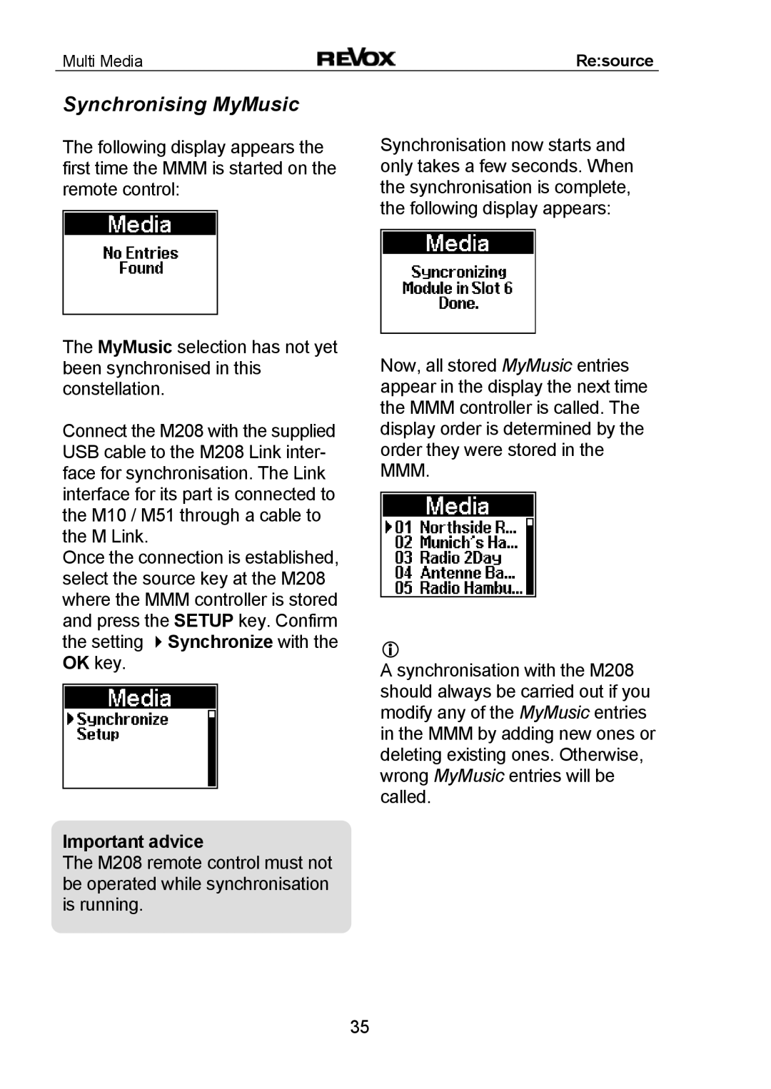 Revox MMM manual Synchronising MyMusic 