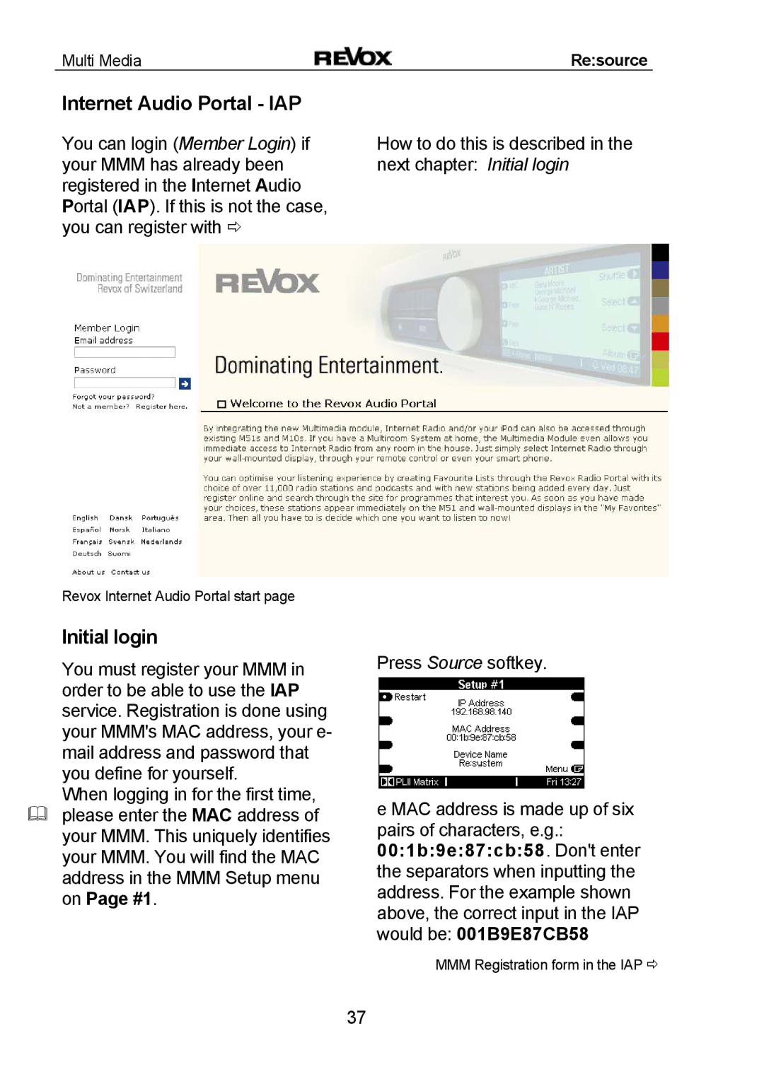 Revox MMM manual Internet Audio Portal IAP, Initial login 