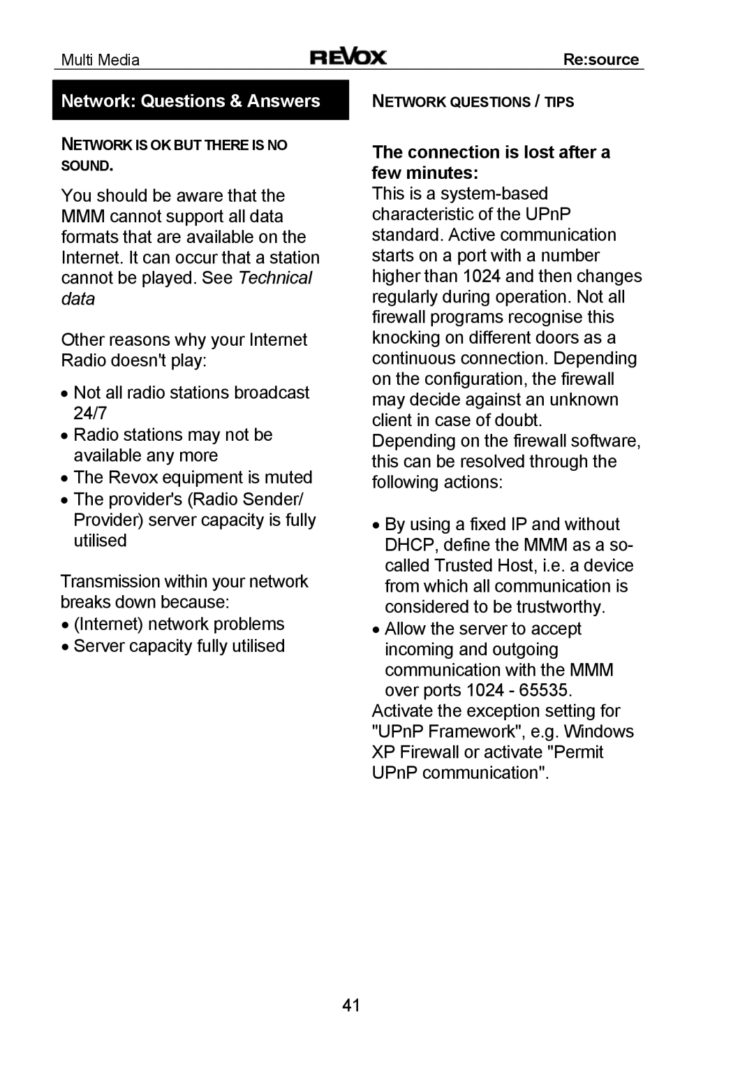 Revox MMM manual Network Questions & Answers, Connection is lost after a few minutes 