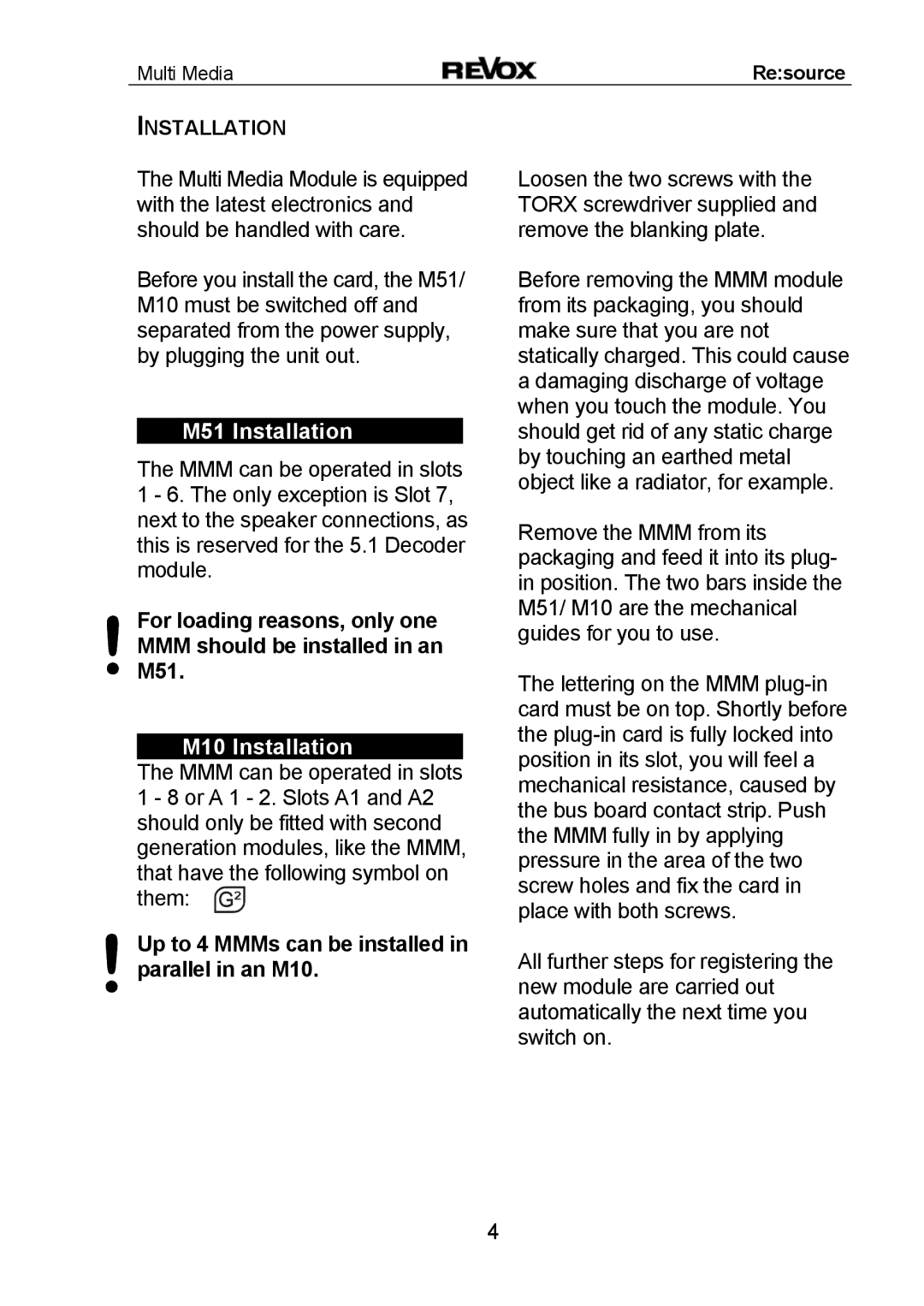 Revox manual M51 Installation, M10 Installation, Up to 4 MMMs can be installed in parallel in an M10 