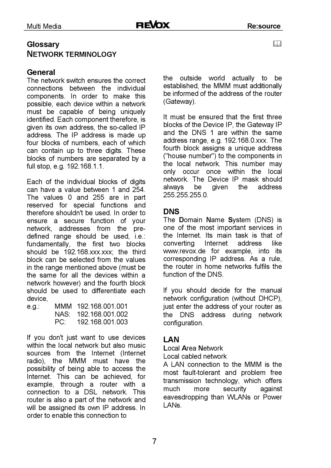 Revox MMM manual Glossary, General, Dns 