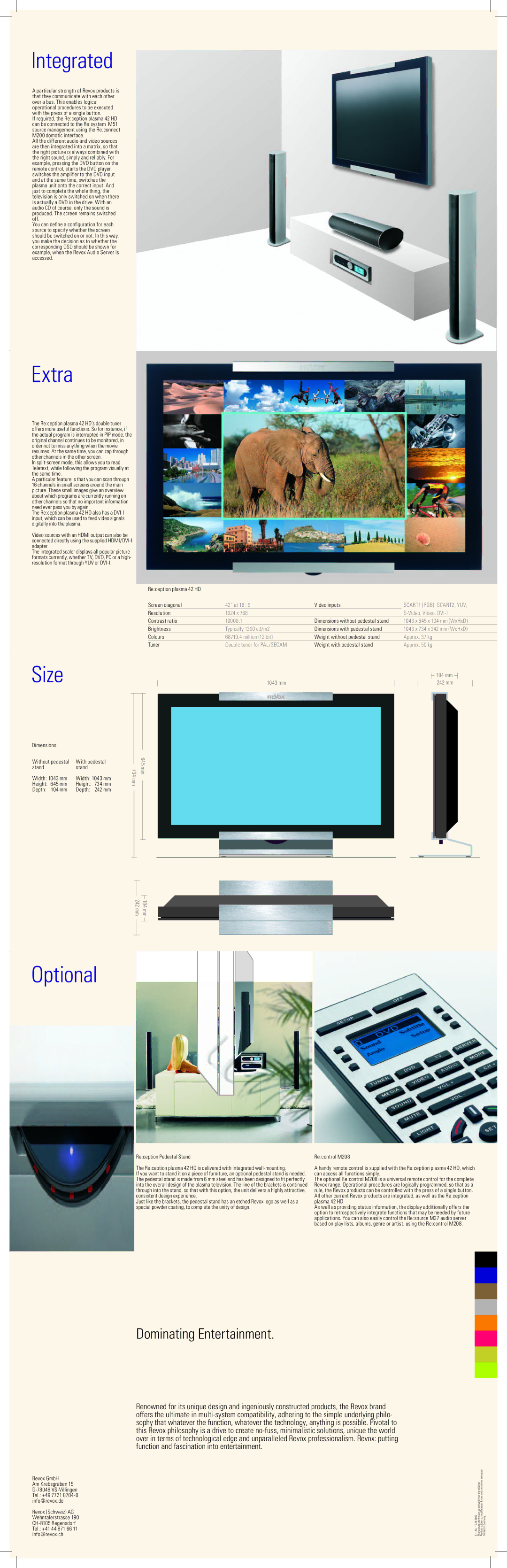 Revox Plasma HD manual Integrated, Extra, Size, Optional 
