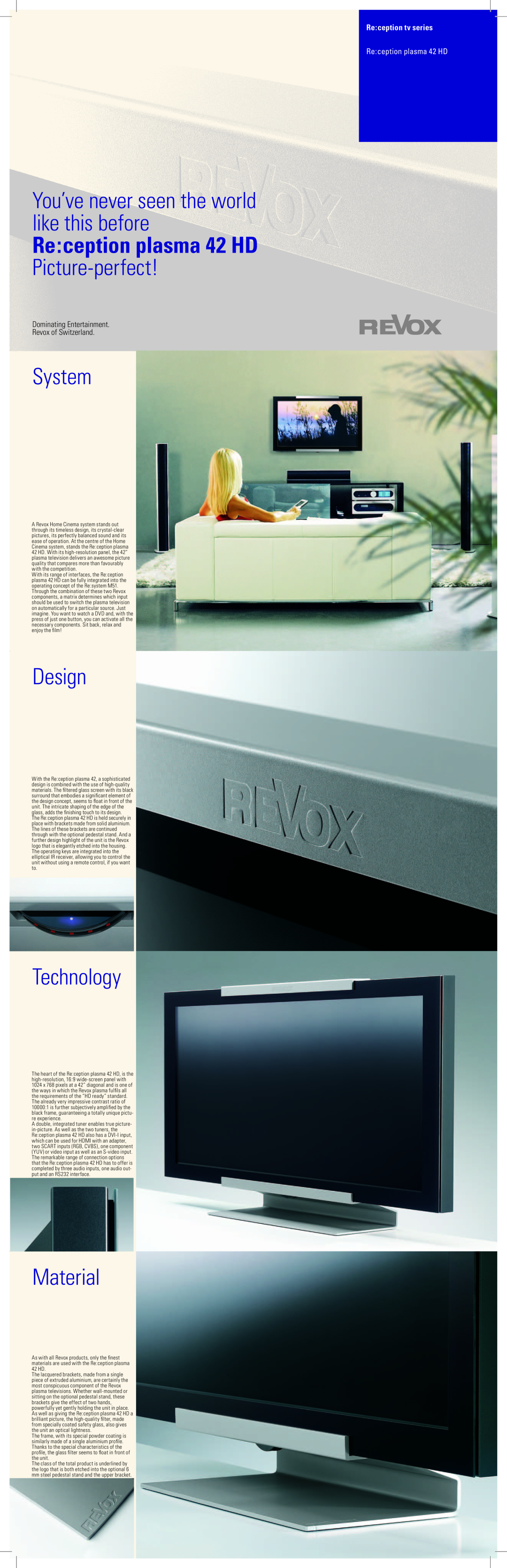 Revox Plasma HD manual You’ve never seen the world like this before, Picture-perfect, System, Design, Technology, Material 