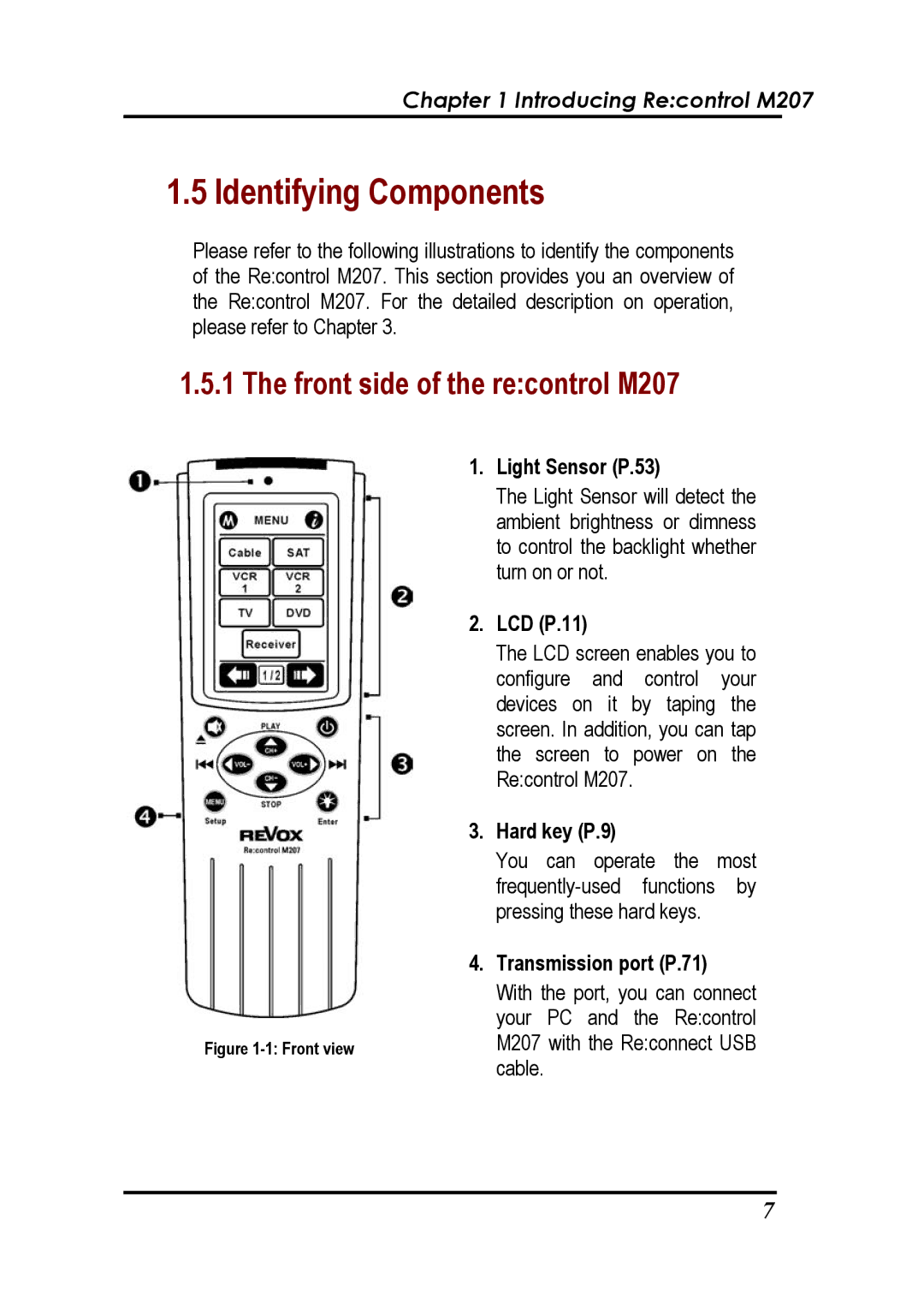 Revox Recontrol M207 user manual Identifying Components, Front side of the recontrol M207 