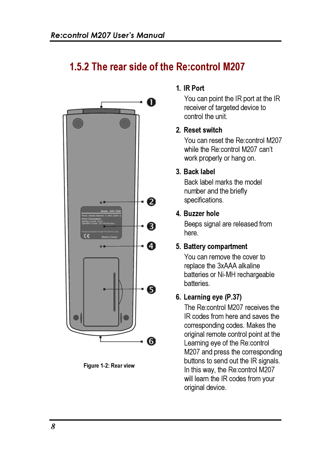 Revox user manual Rear side of the Recontrol M207, Battery compartment 