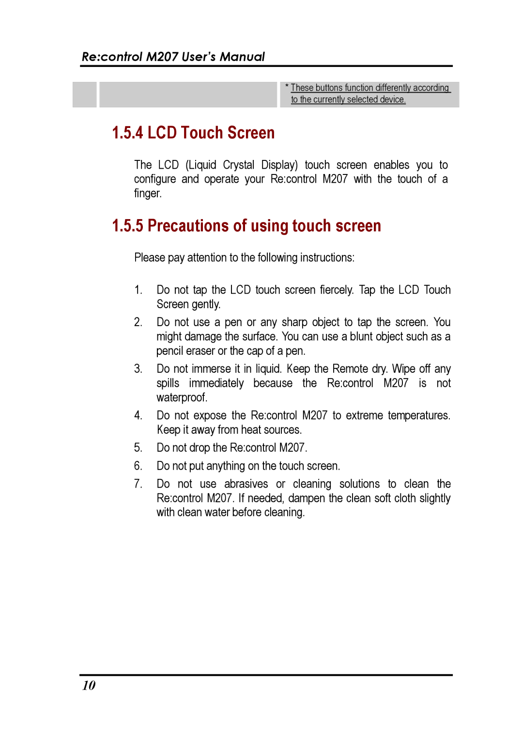 Revox Recontrol M207 user manual LCD Touch Screen, Precautions of using touch screen 