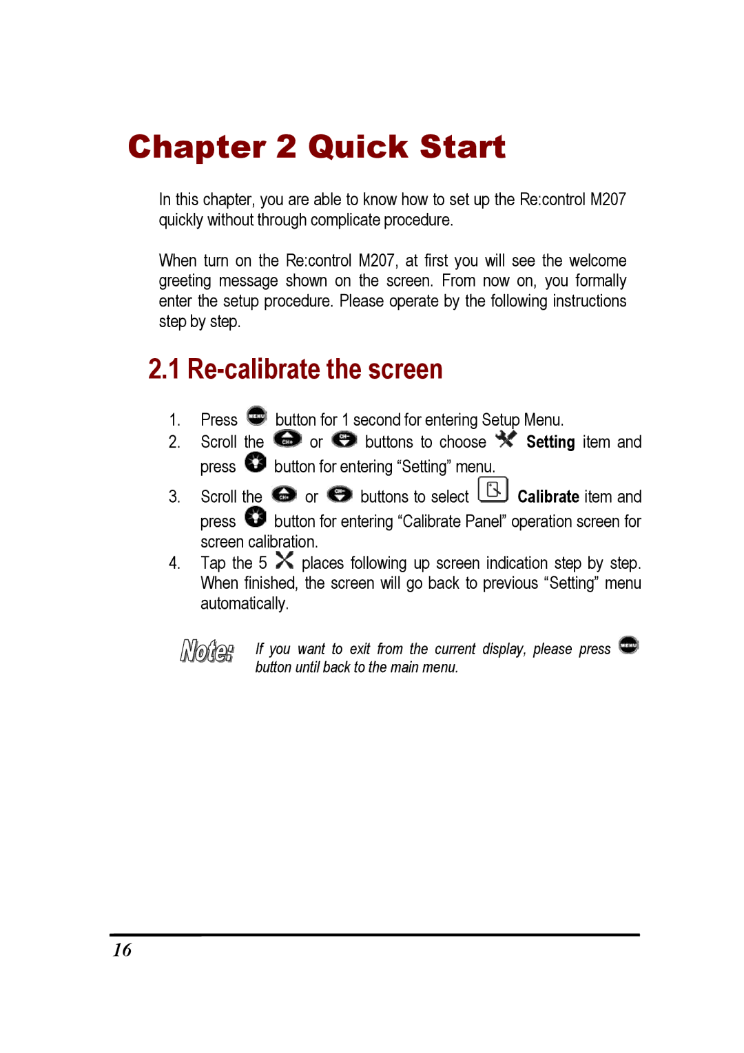 Revox Recontrol M207 user manual Quick Start, Re-calibrate the screen 