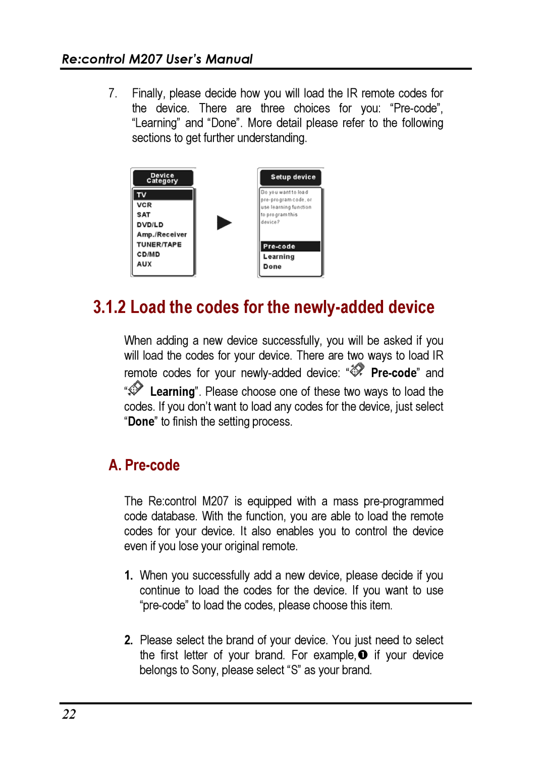 Revox Recontrol M207 user manual Load the codes for the newly-added device, Pre-code 