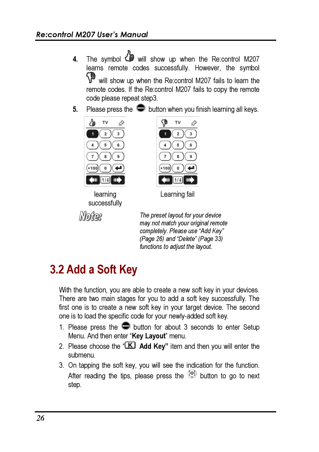 Revox Recontrol M207 user manual Add a Soft Key, Learning Learning fail Successfully 