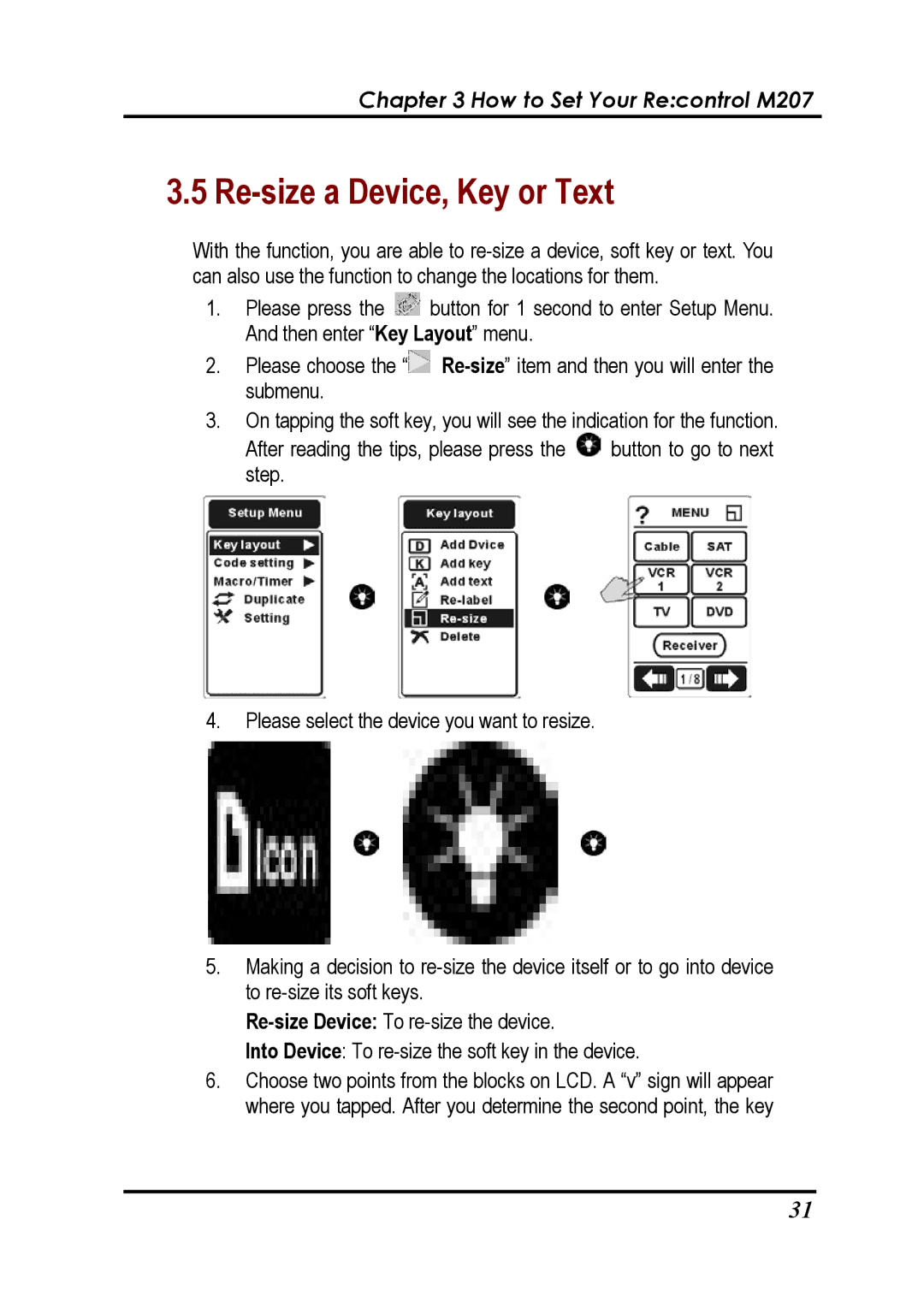 Revox Recontrol M207 user manual Re-size a Device, Key or Text 