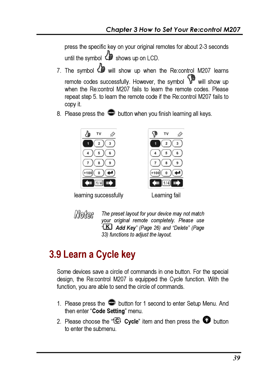 Revox Recontrol M207 user manual Learn a Cycle key 