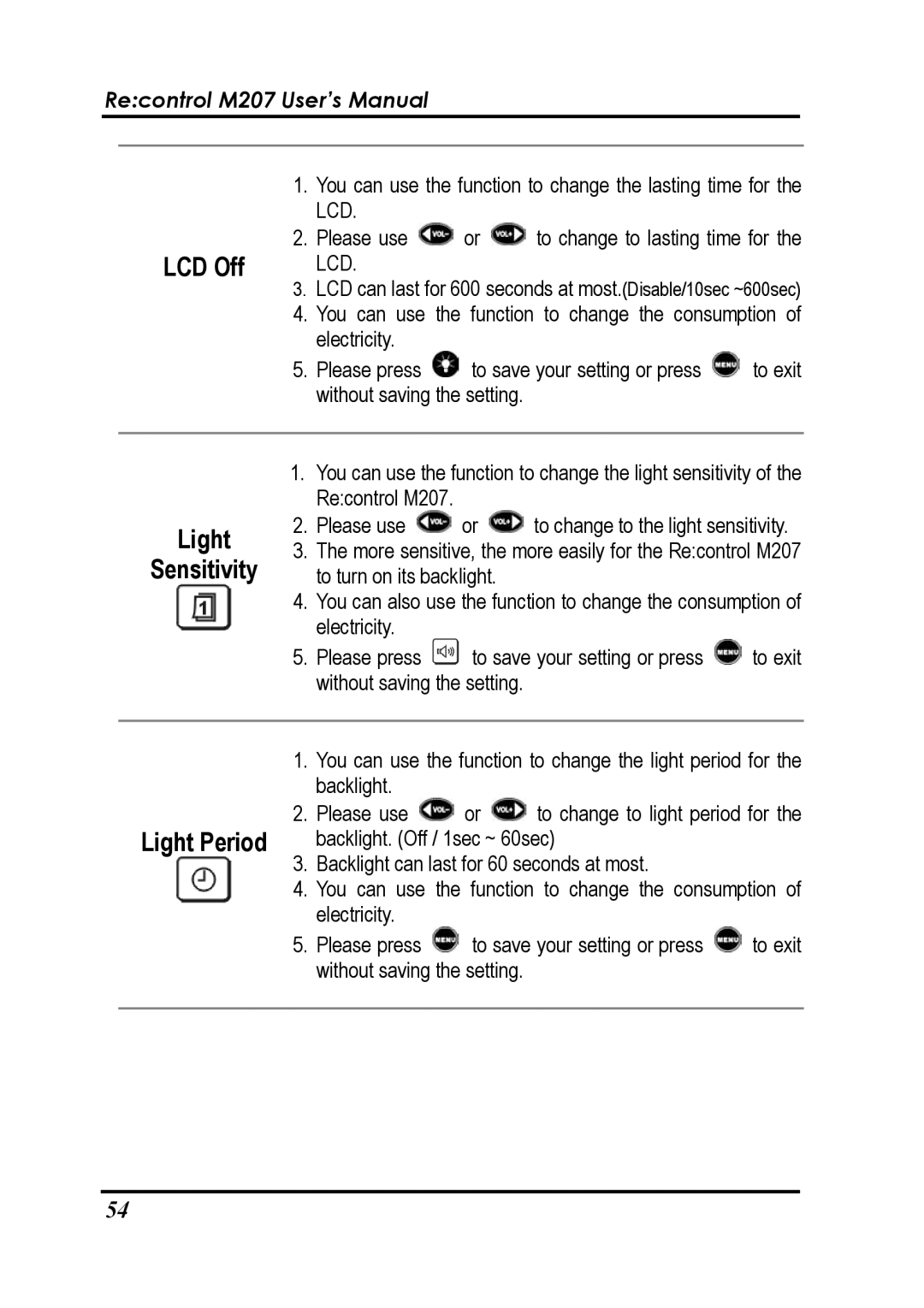 Revox Recontrol M207 user manual LCD Off, Light Sensitivity, Light Period 