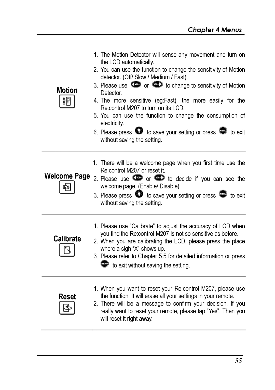 Revox Recontrol M207 user manual Motion, Welcome Page 2. Please use, Reset 